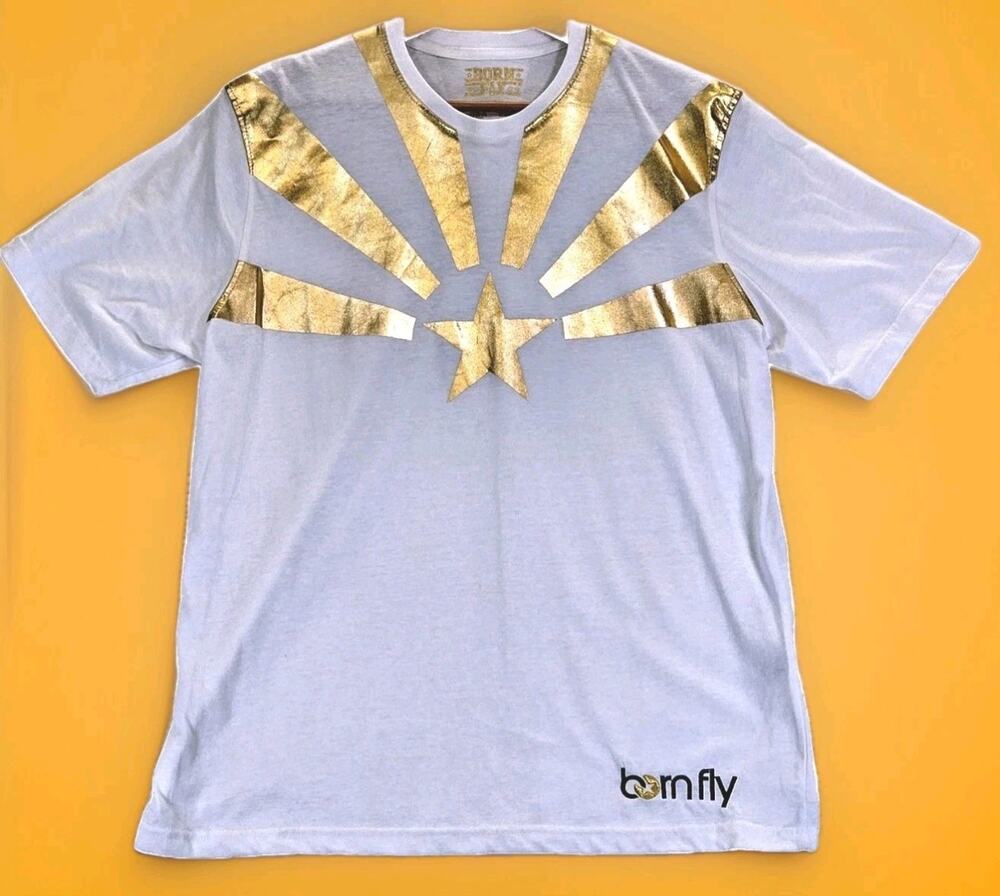 Born Fly Vintage Men’s Large Shirt Gold Star Graphic Logo White Short Sleeve